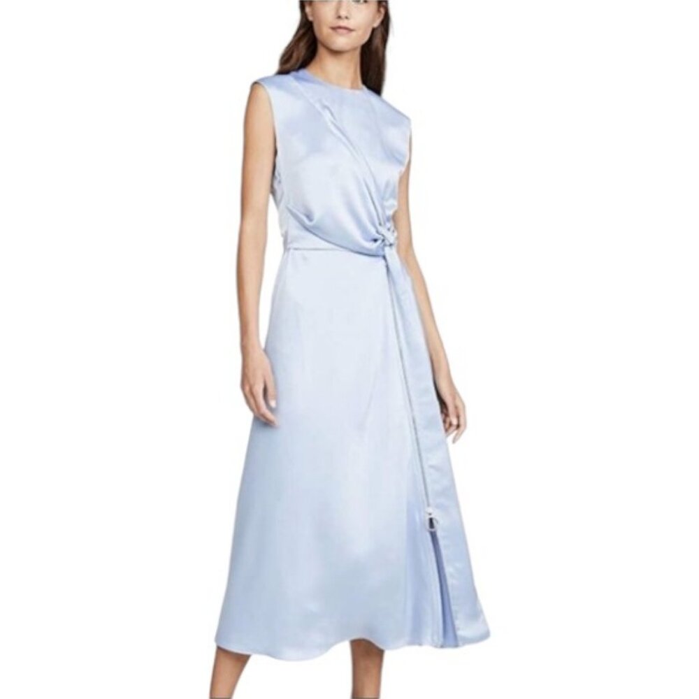 Cedric Charlier satin blue one sided knotted-zip midi dress size 10